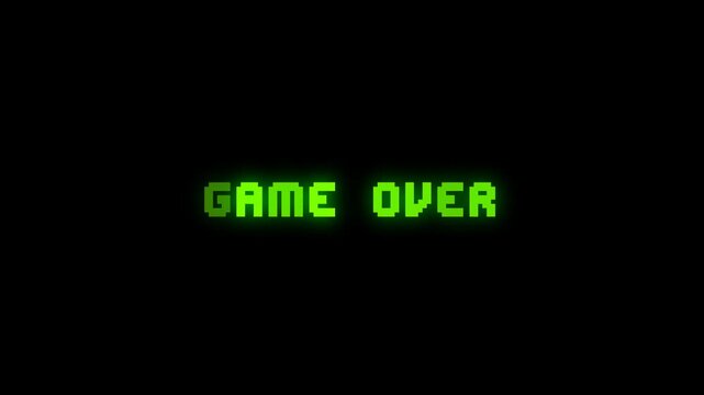 Green glowing &ldquo;Game Over&rdquo; pixel animation with vintage arcade style. Perfect for retro game intros, pixel art videos, or nostalgic gaming motion backgrounds.