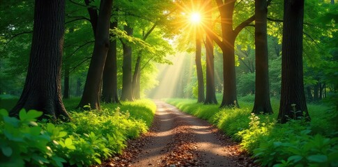 Obraz premium Sun-drenched forest path in summer, dappled light filtering through lush green canopy, vibrant foliage, tranquil scene , bright, beauty