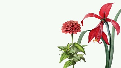 Vintage Red Zinnia and Spider Lily Botanical Illustration