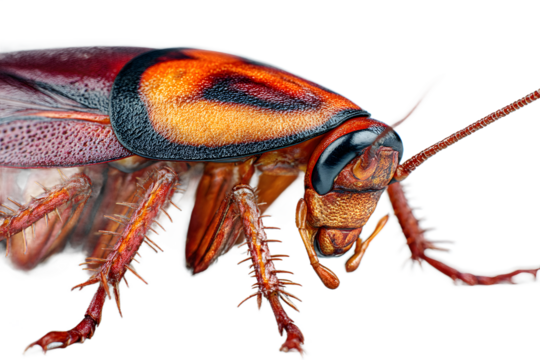 Extreme closeup of a cockroachs head and thorax on a transparent background, highlighting its detailed features