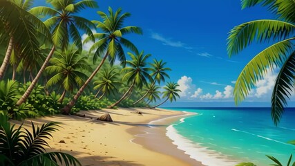 Bright Tropical Beach with Turquoise Ocean and Swaying Palm Trees - Powered by Adobe