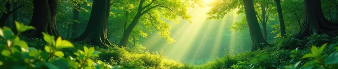 Obraz premium Sunlight dappling through the leaves of a lush, vibrant forest, creating a magical, ethereal atmosphere Perfect for nature, ecology, and environmental themes , wood, vegetation
