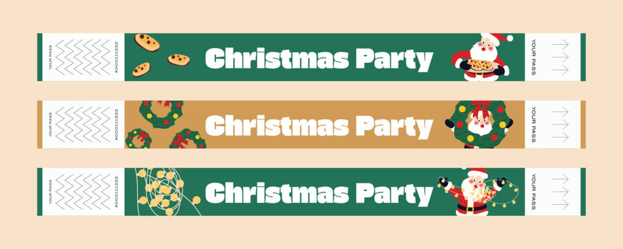 Set of Christmas party wristbands — festive cartoon design with Santa Claus, cookies, wreath, and Christmas lights. Cute vector illustration of holiday entry tickets in red, green, and gold colors