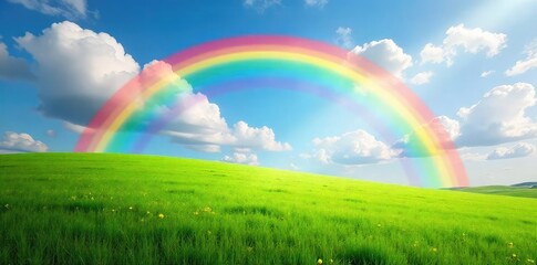 Naklejka premium Vibrant rainbow arch spanning a lush green field, bathed in sunlight Perfect for nature, fantasy, LGBTQ+, and vibrant imagery projects , whimsical, magical