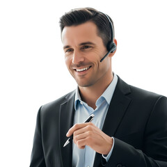 Friendly customer support agent assisting clients with a smile and pen in hand