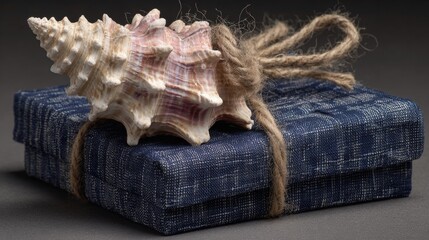A stunning seashell rests on a blue gift box, elegantly tied with twine, evoking a coastal vibe perfect for beach-themed events or summer celebrations