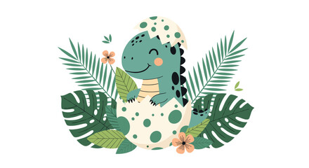 Cute cartoon baby dinosaur hatching from an egg surrounded by tropical leaves and flowers.