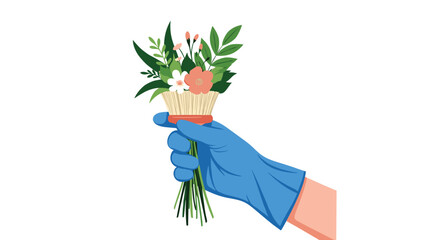 Hand in a blue glove holding a small bouquet of flowers and greenery.