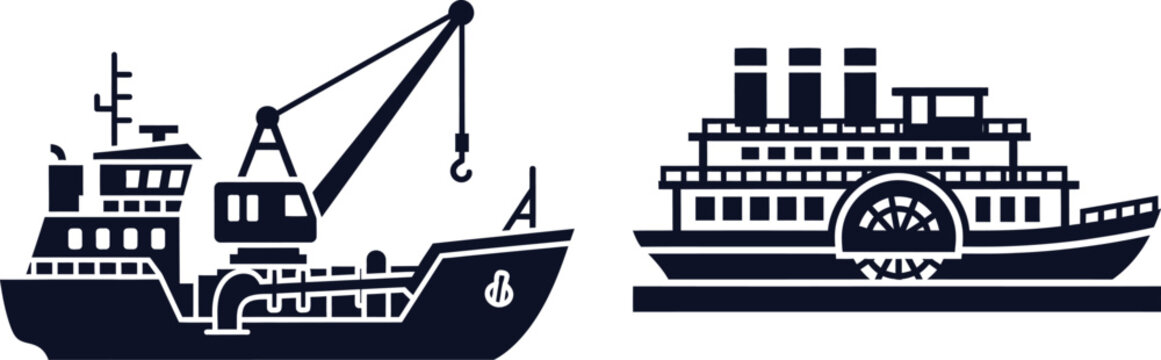 Silhouettes of a crane ship and a paddle steamer on white Keywords: crane ship, cargo ship, construction vessel, paddle steamer