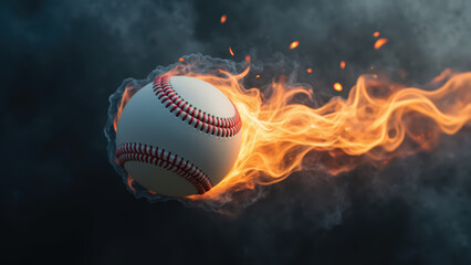 Baseball in motion surrounded by flames, showcasing speed and intensity. fiery trail adds excitement to scene