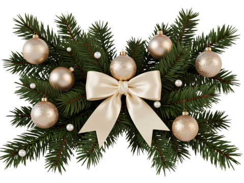 Festive Ornamentation: A delicate display of holiday cheer, with evergreen boughs adorned with gleaming spherical ornaments and a silken bow