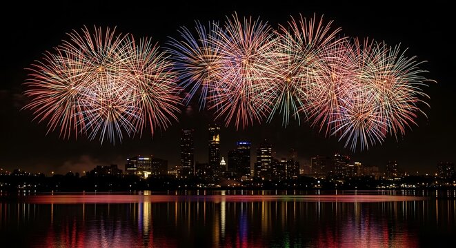 Spectacular fireworks ignite the city skyline reflected in water. - Powered by Adobe