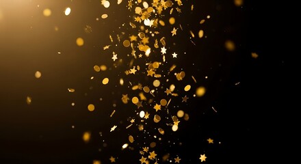 Shimmering golden confetti, glitter, stars falling, festive joy