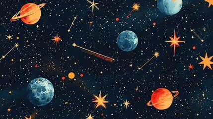 An illustration of a vibrant cosmos featuring stylized planets, twinkling stars, and connecting constellations against a deep blue and speckled background. Includes seamless background design.