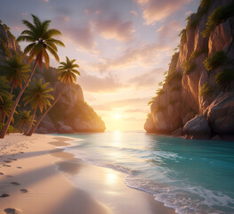 Tropical Sunset Beach Cove with Palm Trees and Dramatic Cliffs