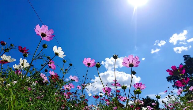 Upward shot of colorful cosmos flowers against a bright blue sky with fluffy white clouds, and the sun's radiant light - Powered by Adobe