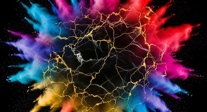 Vibrant colorful powder explosion with golden abstract cracks - Powered by Adobe
