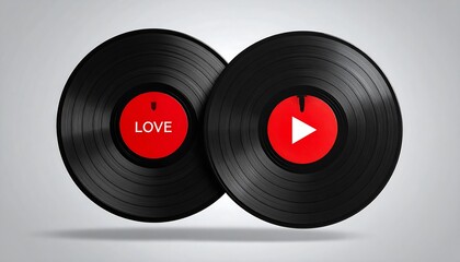 Two stylized vinyl records, one featuring "LOVE" on the label, the other with a play button. Background is a gradient