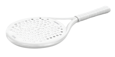 A white padel racket with a perforated surface, isolated on a transparent background