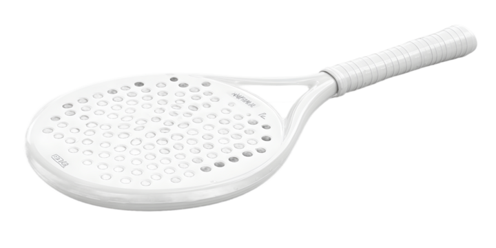 A white padel racket with a perforated surface, isolated on a transparent background