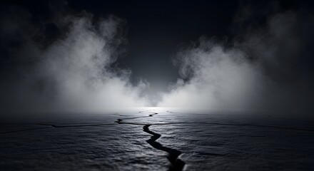 Cracked ground surface with illuminated smoke creating an eerie mysterious background