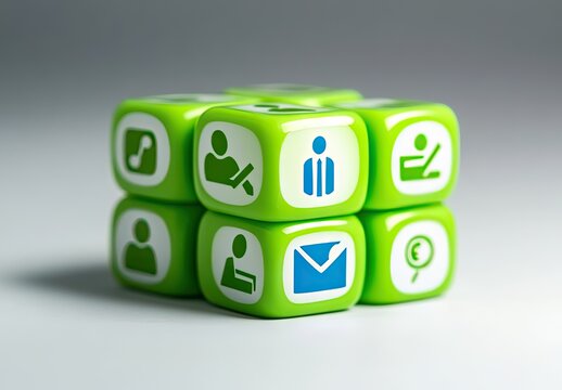 Green cube icons.  3D rendered small cube-shaped objects.  Each face displays a simple icon.  Icons depict user profiles, delete, business suit, file/folders, mail/email, and a magnifying glass