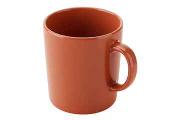 Isolated terracotta mug or coffee cup, matte material. Kitchenware with handle on neutral backdrop