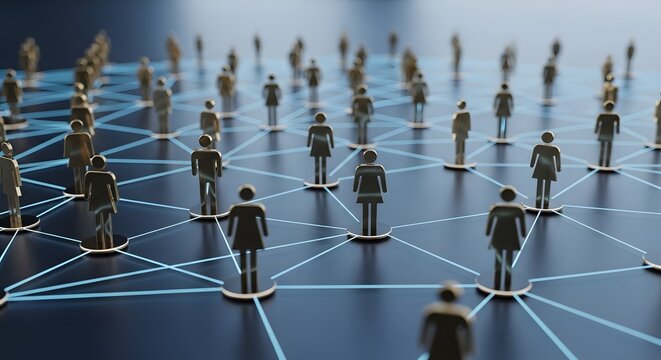 Modern business network with connected metallic figures on dark background symbolizing teamwork