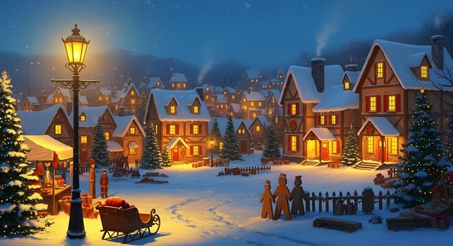 Night winter town with snow covered houses and warm lights illuminates cozy christmas market