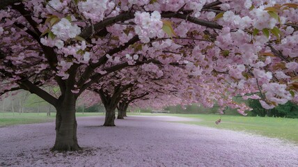 A row of cherry blossom trees with fallen petals covering the ground