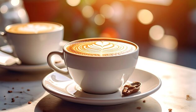 Two white cups of caffeinated drink with intricate latte art, on saucers with a roasted bean, bathed in warm sunlight. Background blurred