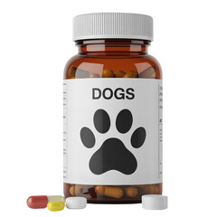 Amber Bottle Of Dog Medication Pills With Paw Print Label And White Cap On A White Background pet pills isolated on a transparent background