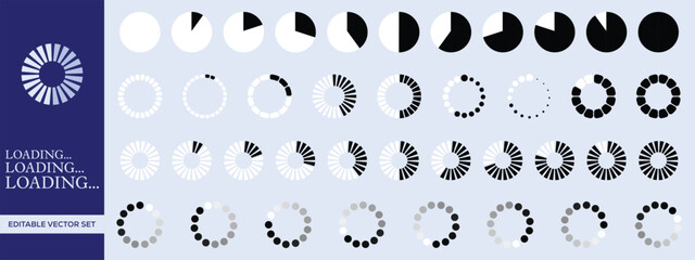 Comprehensive Collection of Editable Vector Loading Animations and Progress Indicators Including Circular, Linear, and Percentage-Based Designs for User Interface and Web Development