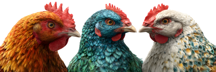 Three colorful chickens with vibrant plumage, including orange, teal, and speckled white, stand sidebyside against a clean transparent background