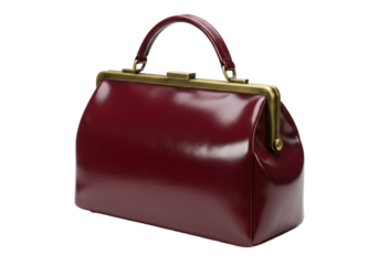 Isolated vintage burgundy leather handbag with gold hardware, doctor style, fashionable design