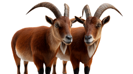 Two mountain goats with large horns standing together on a transparent background