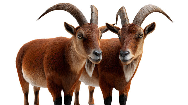 Two mountain goats with large horns standing together on a transparent background