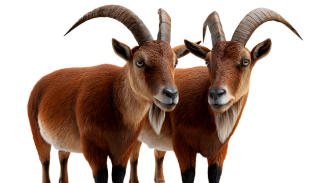 Two mountain goats with large horns standing together on a transparent background