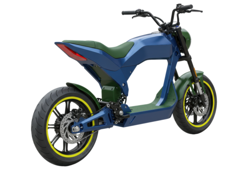 Isolated modern electric motorbike with blue frame and green seat, stylish urban transport