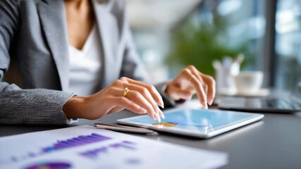 A businesswoman works with a digital tablet on a modern desk with graphics - Powered by Adobe