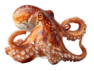A detailed, closeup studio shot of a vibrant orange octopus with intricate textures and suckers, isolated on a pure transparent background, showcasing its unique marine life form and aquatic beauty