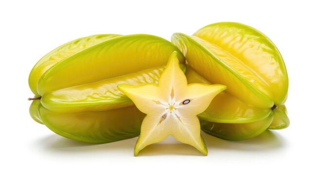 Fresh carambola fruit with sliced star shape on white background