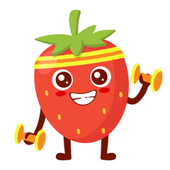 Cartoon Strawberry Exercising with Dumbbells Flat Illustration