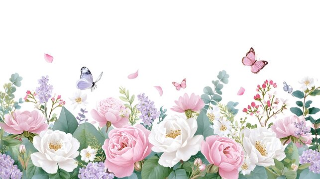 A whimsical spring floral border featuring lush pink and white roses peonies lavender fluttering butterflies and scattered petals against a clean white background