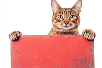 Isolated cat on a solid clothing pure white background. Ð¡ute adult cat ocicat hold in front paws a design draft - large red way sign. Kitten on mockup. Cat in display ad. Billboard with fel.