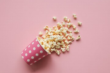 Popcorn spilled from pink polka dot cup on pink background food photography