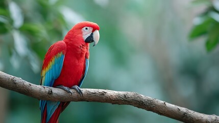 Obraz premium This striking image features a colorful scarlet aw perched serenely on a thick branch amidst blurred green foliage showcasing its vibrant red blue and yellow plumage in a natural habitat