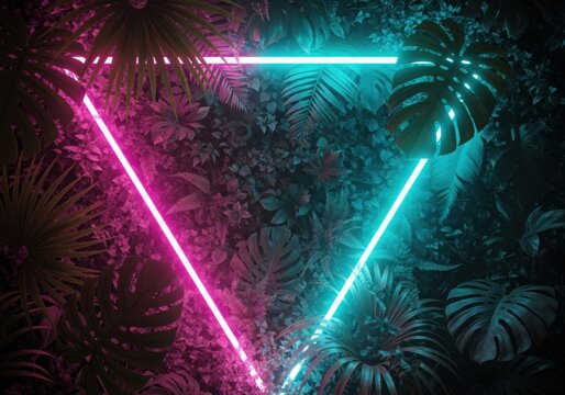 Tropical foliage with pink and blue neon triangle shape glow - Powered by Adobe