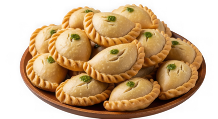 Fried indian savory pastries with green sauce isolated on transparent background