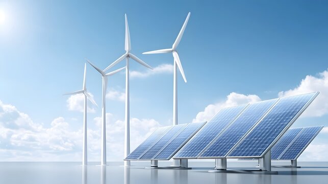 A panoramic view of wind turbines and solar panels in a clean bright outdoor setting against a blue sky with white clouds illustrating sustainable energy technology and gene n
